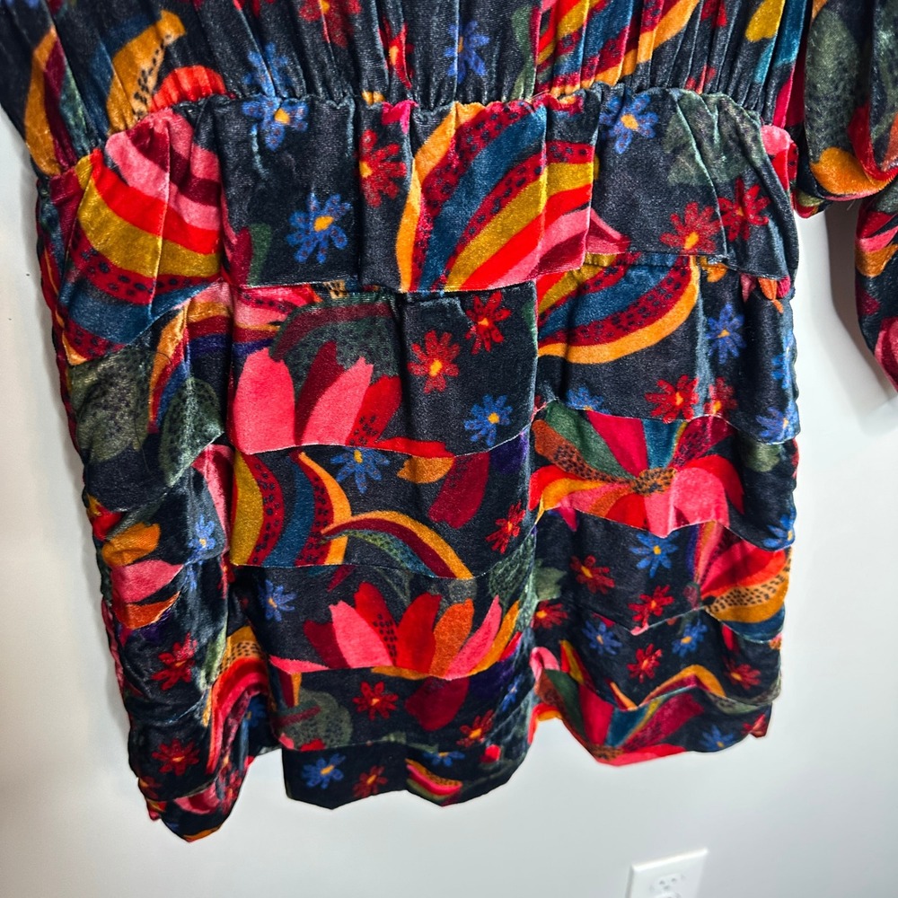 FARM Rio Velvet Banana Sky Floral Mini Dress Tiered Long Sleeve Size Small - Picture 15 of 16